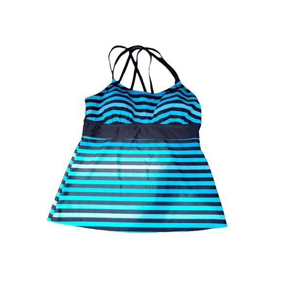 Tropical Escape Swim Top 14 Womens Black Blue Striped Pullover Padded Swimwear - Picture 1 of 4